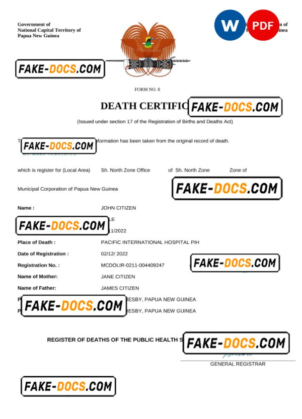 Papua New Guinea vital record death certificate Word and PDF template