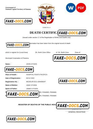 Panama death certificate Word and PDF template, completely editable Panama death certificate Word and PDF template, completely editable