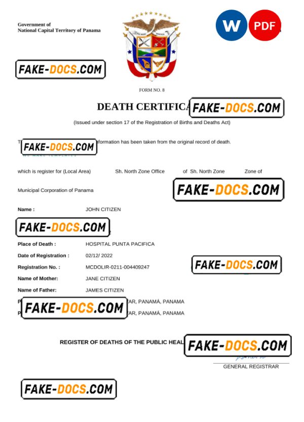 Panama death certificate Word and PDF template, completely editable