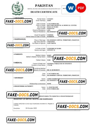 Pakistan death certificate Word and PDF template, completely editable