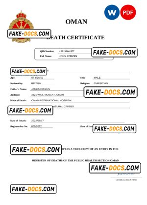 Oman vital record death certificate Word and PDF template