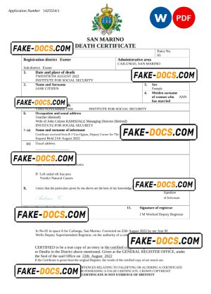 San Marino death certificate Word and PDF template, completely editable San Marino death certificate Word and PDF template, completely editable