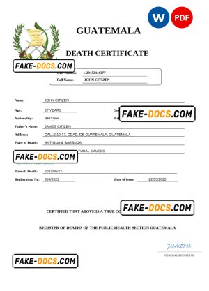 Guatemala death certificate Word and PDF template, completely editable