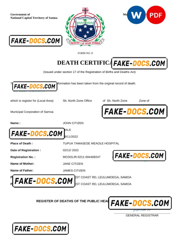 Samoa death certificate Word and PDF template, completely editable