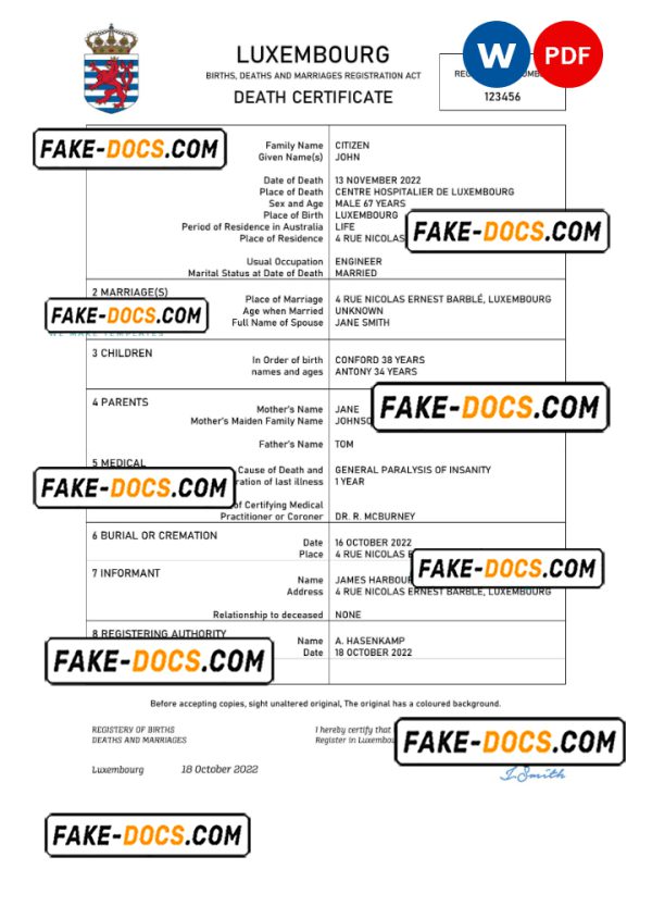 Luxembourg death certificate Word and PDF template, completely editable