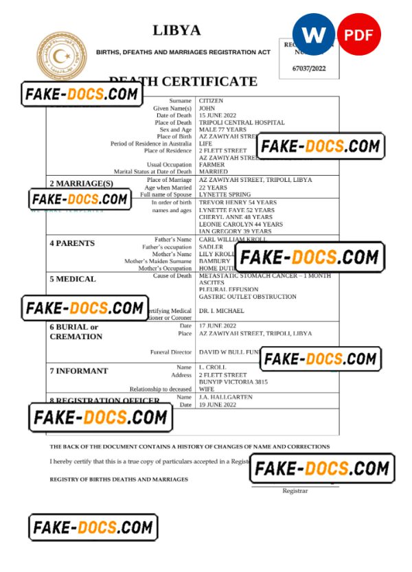 Libya death certificate Word and PDF template, completely editable