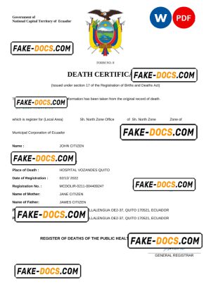 Ecuador vital record death certificate Word and PDF template
