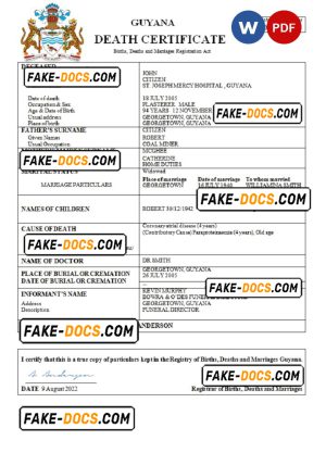 Guyana death certificate Word and PDF template, completely editable