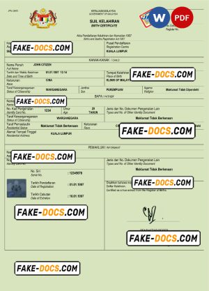 Malaysia birth certificate Word and PDF template, completely editable Malaysia birth certificate Word and PDF template, completely editable