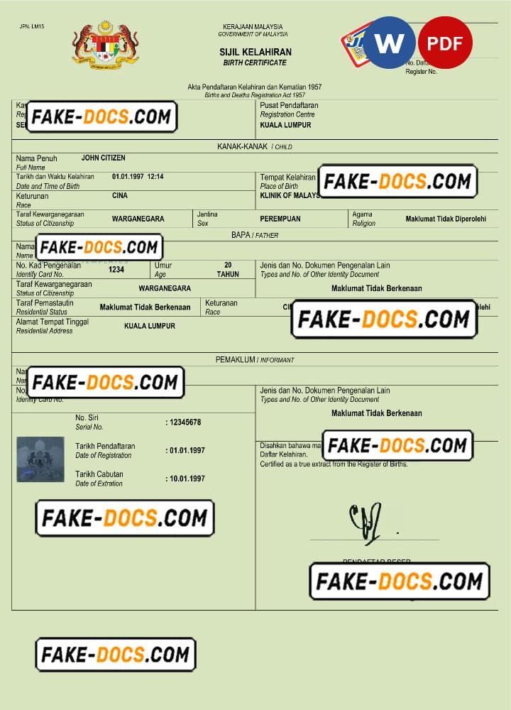 Malaysia birth certificate Word and PDF template, completely editable Malaysia birth certificate Word and PDF template, completely editable