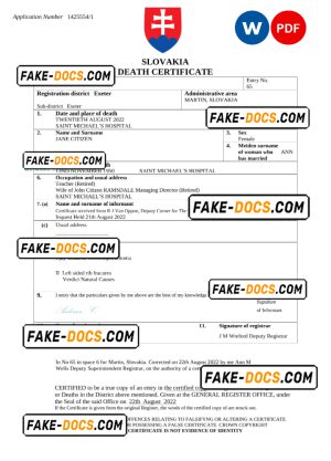 Slovakia death certificate Word and PDF template, completely editable Slovakia death certificate Word and PDF template, completely editable