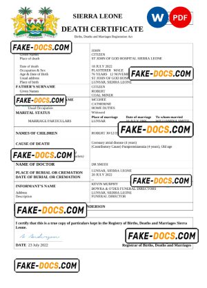 Sierra Leone death certificate Word and PDF template, completely editable Sierra Leone death certificate Word and PDF template, completely editable