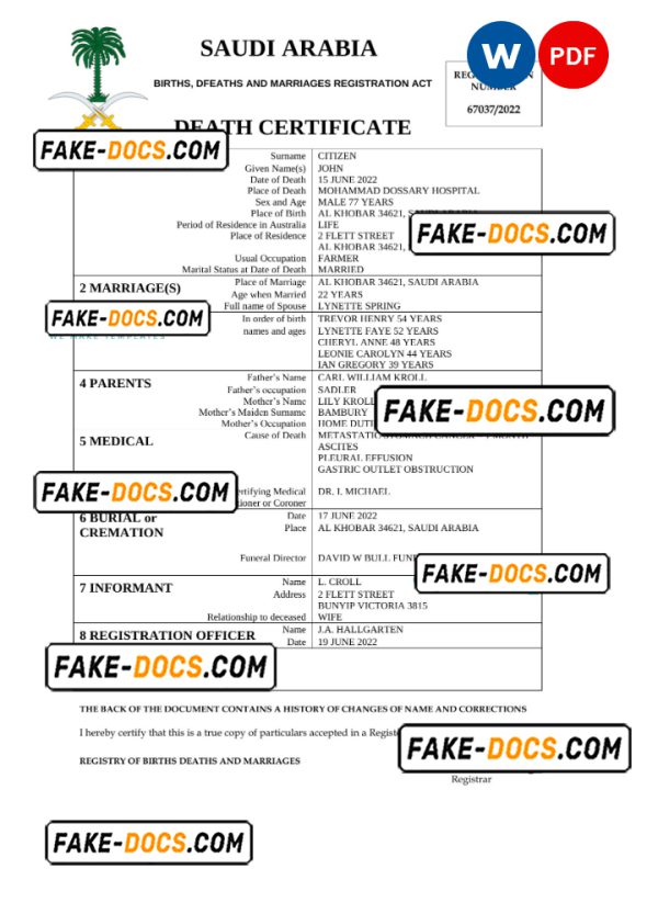 Saudi Arabia death certificate Word and PDF template, completely editable