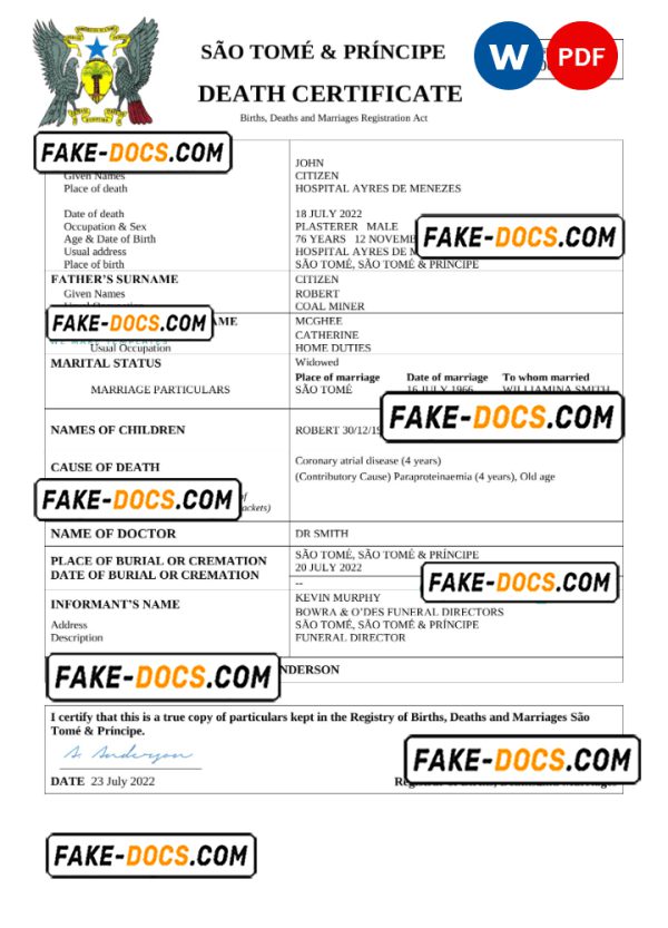 Sao Tome and Principe vital record death certificate Word and PDF template
