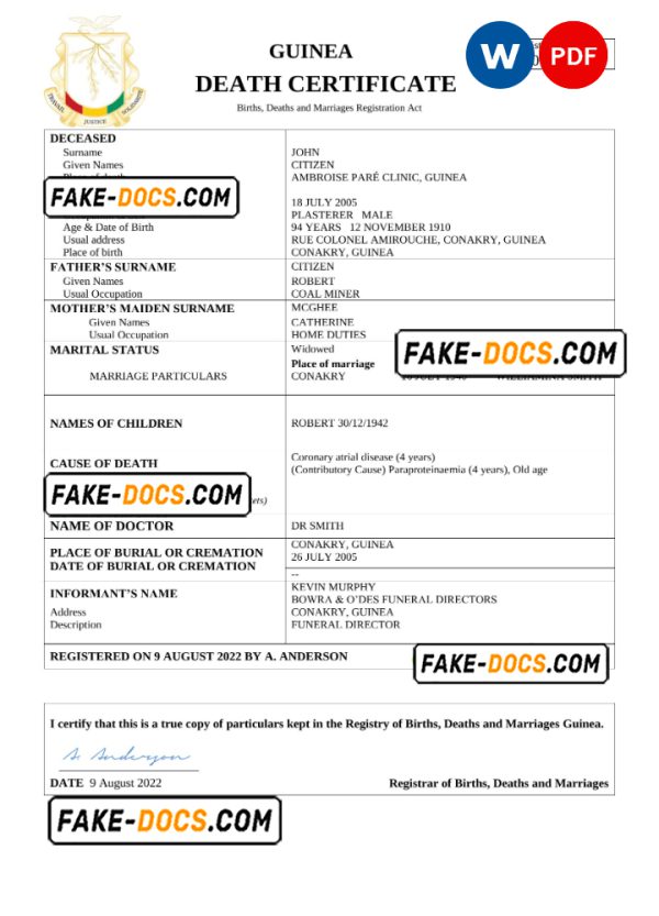 Guinea death certificate Word and PDF template, completely editable