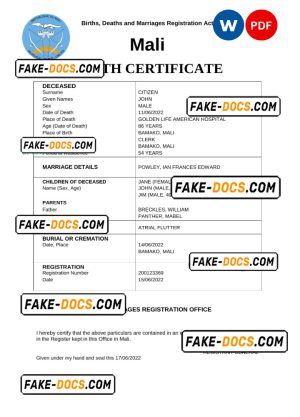 Mali vital record death certificate Word and PDF template Mali vital record death certificate Word and PDF template