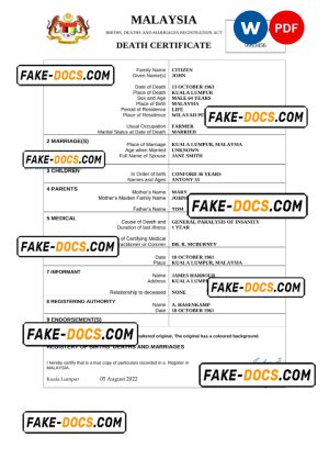 Malaysia death certificate Word and PDF template, completely editable Malaysia death certificate Word and PDF template, completely editable