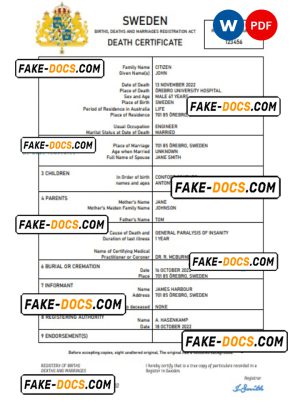 Sweden vital record death certificate Word and PDF template Sweden vital record death certificate Word and PDF template