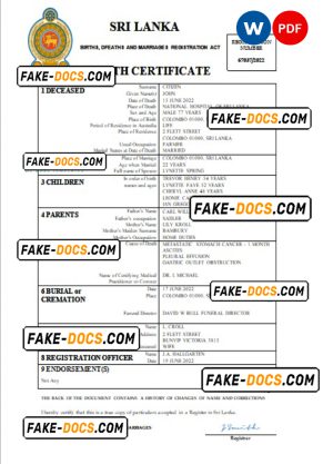 Sri Lanka vital record death certificate Word and PDF template Sri Lanka vital record death certificate Word and PDF template