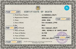 South Sudan death certificate PSD template, completely editable