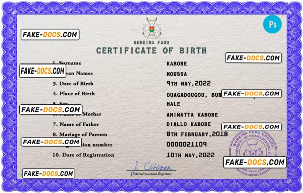 Burkina Faso vital record birth certificate PSD template, fully editable