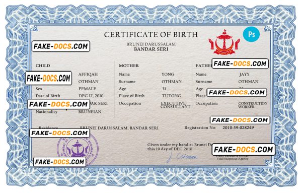 Brunei vital record birth certificate PSD template, completely editable