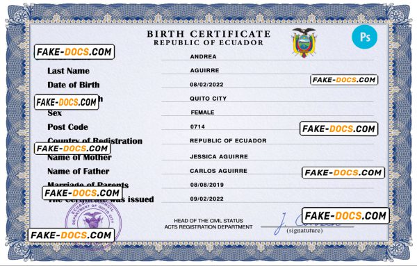 Ecuador birth certificate PSD template, completely editable