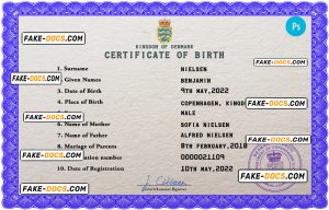 Denmark birth certificate PSD template, completely editable