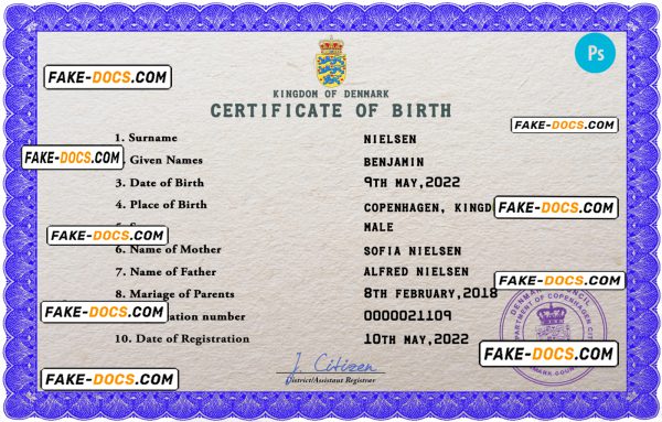 Denmark birth certificate PSD template, completely editable