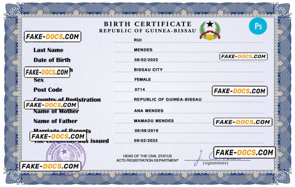 Guinea-Bissau birth certificate PSD template, completely editable