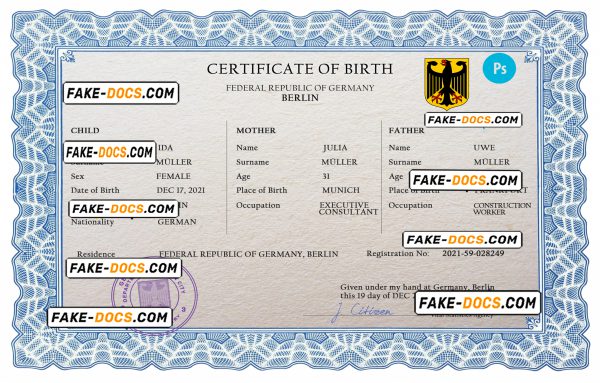 Germany vital record birth certificate PSD template, completely editable