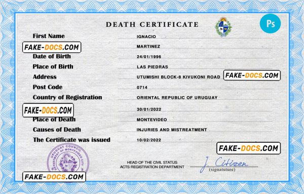 Uruguay vital record death certificate PSD template, fully editable
