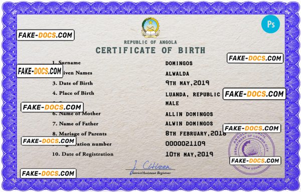 Angola vital record birth certificate PSD template, completely editable