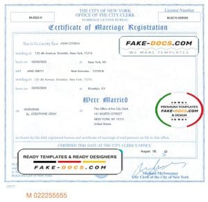 USA New York state marriage certificate template in PSD format, fully editable