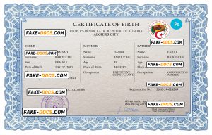 Algeria vital record birth certificate PSD template, fully editable
