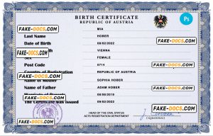Austria vital record birth certificate PSD template, completely editable