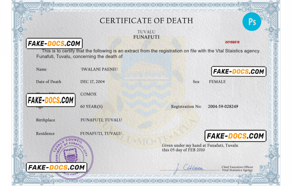 Tuvalu vital record death certificate PSD template, completely editable
