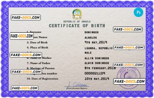 Angola vital record birth certificate PSD template, completely editable