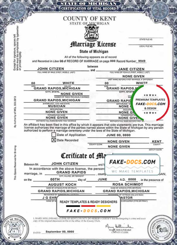 USA state Michigan Kent County marriage certificate template in PSD format, fully editable