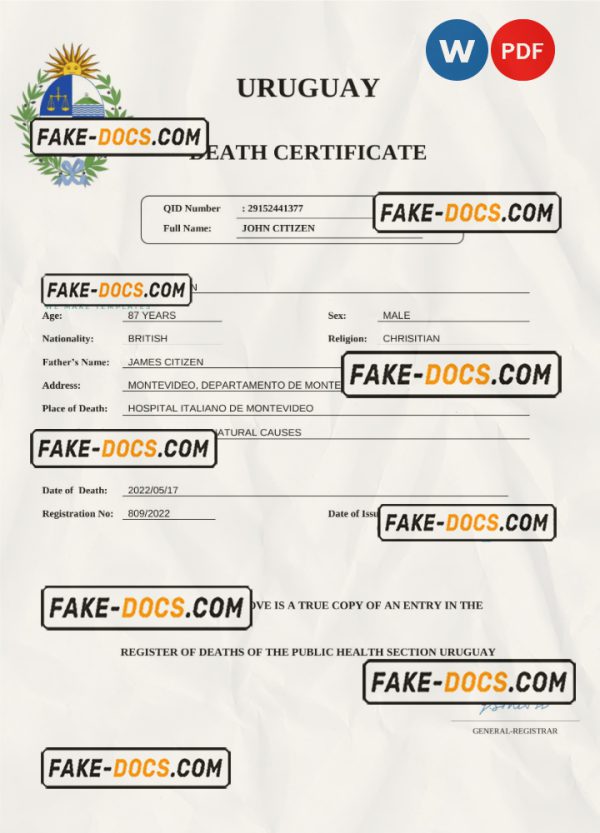 Uruguay death certificate Word and PDF template, completely editable scan
