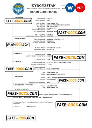 Kyrgyzstan death certificate Word and PDF template, completely editable Kyrgyzstan death certificate Word and PDF template, completely editable