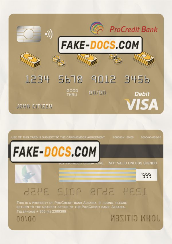 Albania ProCredit bank visa card debit card template in PSD format, fully editable scan