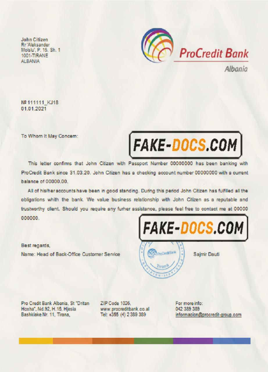 Albania ProCredit bank reference letter template in Word and PDF format scan