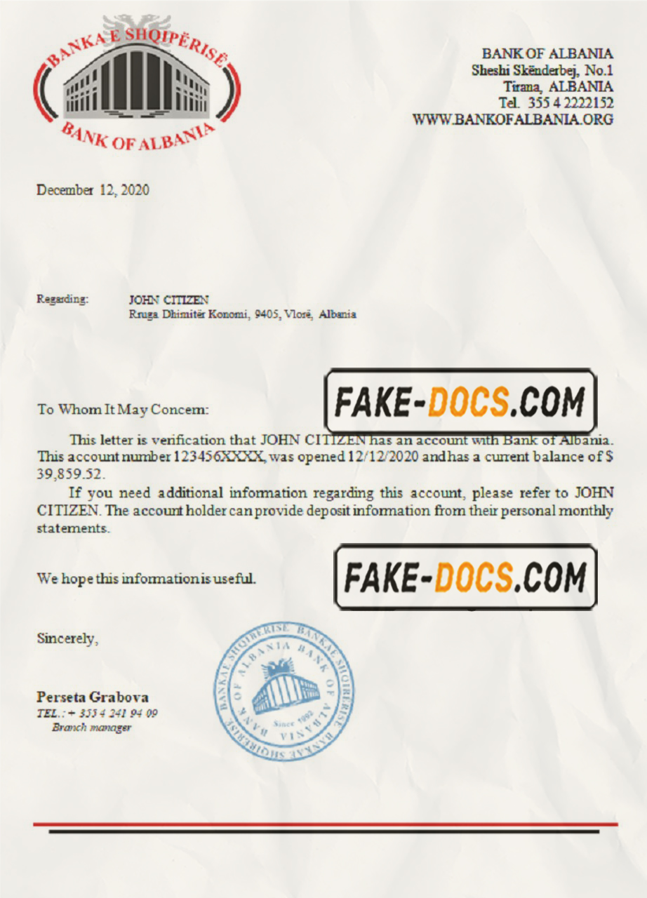 Albania Bank of Albania bank reference letter template in Word and PDF format scan