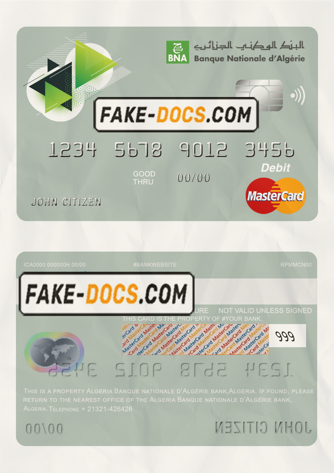 Algeria Banque nationale d’Algérie (BNA) bank mastercard debit card template in PSD format, fully editable scan