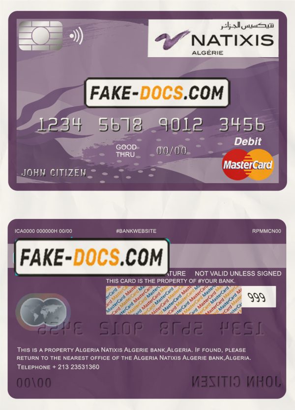 Algeria Natixis Algerie bank mastercard debit card template in PSD format, fully editable scan