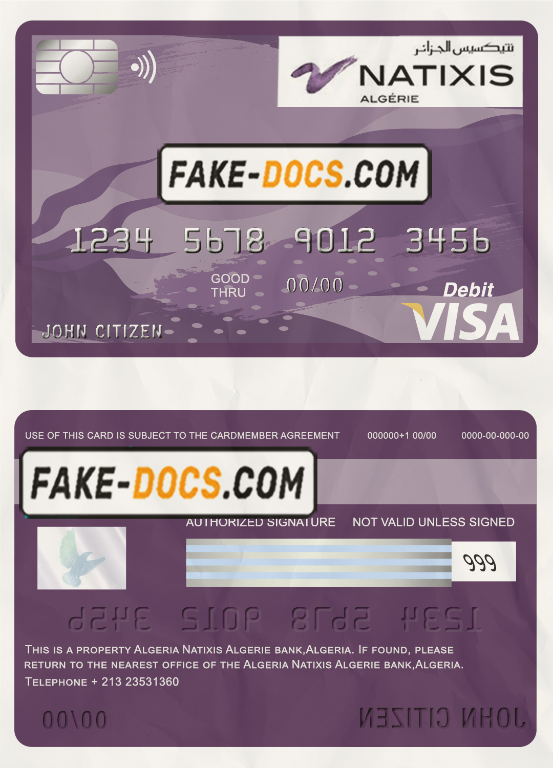 Algeria Natixis Algerie bank visa card debit card template in PSD format, fully editable scan
