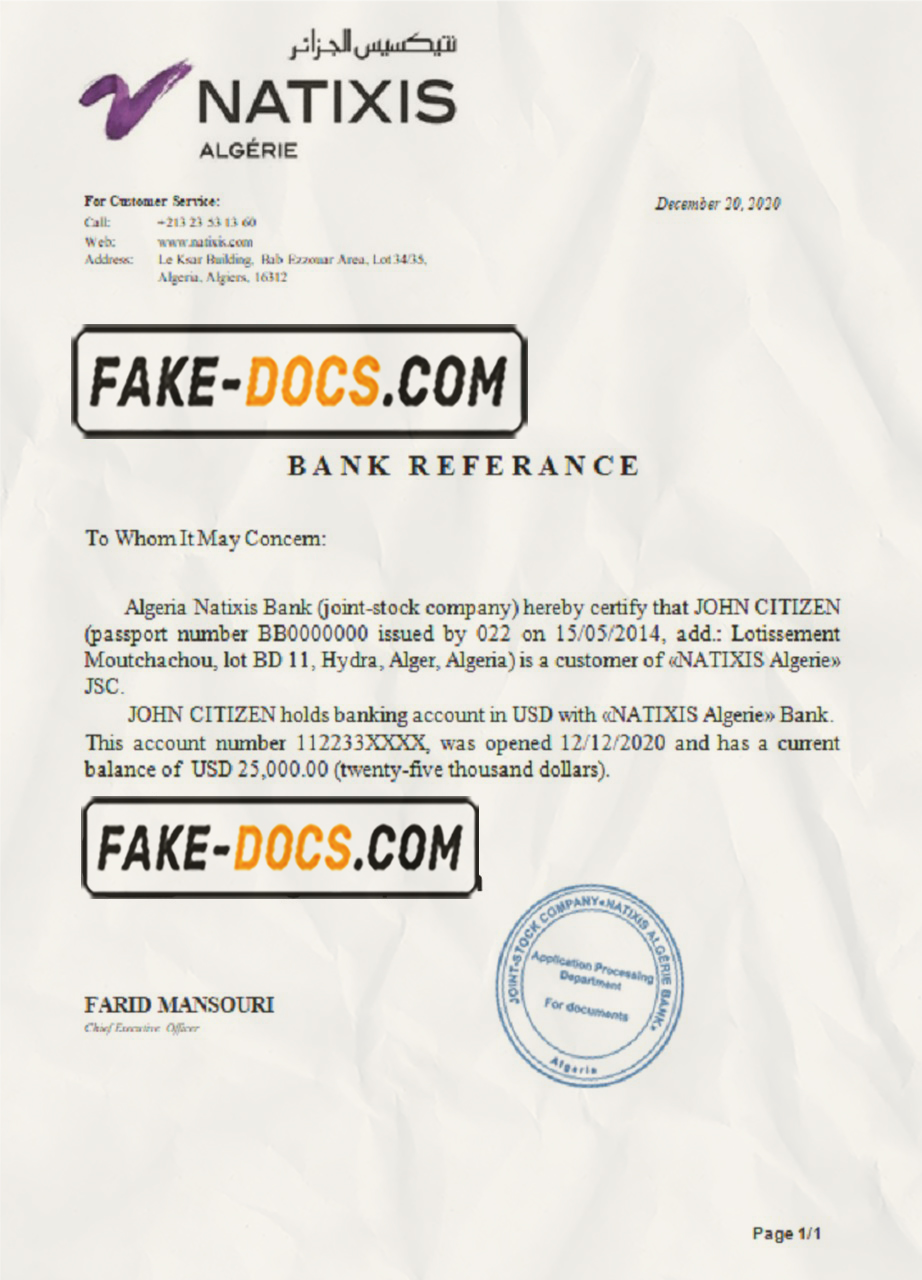 Algeria Natixis Algerie bank reference letter template in Word and PDF format scan