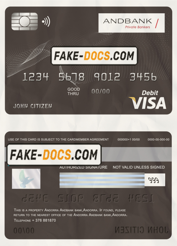 Andorra Andbank visa card debit card template in PSD format, fully editable scan