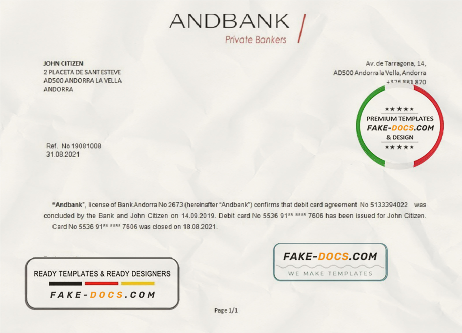 Andorra Andbank account closure reference letter template in Word and PDF format scan